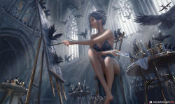 Rule 34 | 1girl, arch, artist name, bare shoulders, bird, blue dress, blue hair, breasts, chair, cleavage, dress, easel, ghostblade, highres, holding, holding paintbrush, indoors, looking away, paintbrush, pointing, short hair, sitting, table, through medium, through painting, window, wlop