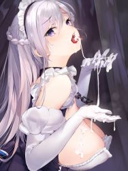 Rule 34 | 1girl, aimee (emi), apron, azur lane, belfast (azur lane), blush, braid, breasts, cleavage, collar, collarbone, commentary, corset, covered erect nipples, dark, french braid, frilled apron, frilled gloves, frills, from side, gloves, head tilt, large breasts, long hair, looking at viewer, maid, maid apron, maid headdress, nipples, open mouth, solo, suggestive fluid, symbol-only commentary, tongue, tongue out, upper body, waist apron, white apron, white gloves, white hair