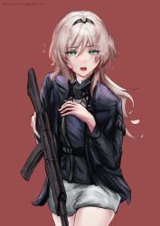 Rule 34 | 1girl, absurdres, an-94, an-94 (girls&#039; frontline), aqua eyes, assault rifle, black hairband, blonde hair, feet out of frame, girls&#039; frontline, gun, hairband, highres, holding, holding gun, holding weapon, long hair, looking at viewer, open mouth, red background, rifle, russian text, shorts, solo, standing, tactical clothes, tears, teeth, translated, upper teeth only, weapon, white shorts, xuanren69