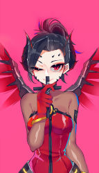 Rule 34 | 1girl, ahoge, alternate breast size, black hair, bodysuit, breasts, cross, dark persona, demon horns, devil mercy, emblem, facial mark, forehead mark, gloves, high ponytail, highres, holding, horns, huasha, large breasts, looking at viewer, mechanical wings, mercy (overwatch), official alternate costume, one eye closed, overwatch, overwatch 1, patch, pink background, red eyes, red gloves, red wings, shiny clothes, sketch, slit pupils, smile, solo, spread wings, upper body, wings