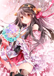Rule 34 | 10s, 1girl, black hair, bouquet, brown eyes, flower, hairband, haruna (kancolle), japanese clothes, kantai collection, long hair, nogi takayoshi, nontraditional miko, smile, solo