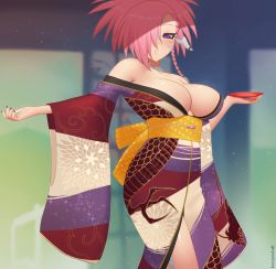 Rule 34 | 1girl, artist name, asymmetrical hair, au ra, warrior of light (ff14), bare shoulders, blurry, blurry background, braid, breasts, commentary, commission, cup, dragon print, final fantasy, final fantasy xiv, hair over one eye, japanese clothes, kimono, kuroonehalf, large breasts, light particles, looking at viewer, multicolored clothes, multicolored kimono, nail polish, no bra, obi, off shoulder, outstretched arm, parted lips, pink hair, print kimono, purple eyes, purple nails, sakazuki, sash, scales, short hair, side braid, single braid, solo, wide sleeves