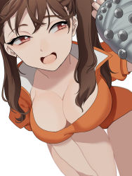 Rule 34 | 10s, 1girl, :d, arm up, bad id, bad pixiv id, bent over, blurry, bodysuit, breasts, brown hair, cleavage, cowboy shot, depth of field, diane (nanatsu no taizai), downblouse, dutch angle, gauntlets, gloves, hand on own knee, high collar, highres, large breasts, leaning forward, leotard, long hair, looking away, mihatarou, nanatsu no taizai, naughty face, open mouth, puffy short sleeves, puffy sleeves, red eyes, short sleeves, smile, solo, thick thighs, thigh gap, thighs, twintails, white background