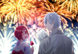 Rule 34 | 1boy, 1girl, :d, ae-3803, ahoge, black eyes, black sky, blurry, blurry background, bow, candy apple, closed eyes, commentary request, cotton candy, couple, depth of field, empty eyes, facing another, fireworks, food, from behind, grey kimono, hair between eyes, hataraku saibou, highres, holding, holding food, japanese clothes, kimono, looking at another, looking to the side, n yukiura, night, night sky, obi, open mouth, outdoors, pale skin, purple kimono, red blood cell (hataraku saibou), red bow, red hair, red sash, sash, short hair, sky, smile, summer, u-1146, white blood cell (hataraku saibou), white hair, yukata