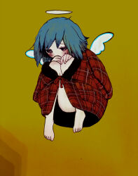 Rule 34 | 1girl, angel, angel wings, anry (rmrnmrm), barefoot, blue hair, blush, commentary request, covering own mouth, floating, full body, halo, hanten (clothes), jacket, knees to chest, knees up, looking down, naked jacket, original, plaid, plaid jacket, red jacket, short hair, solo, wings, yellow background