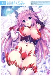 Rule 34 | 1girl, absurdres, bed sheet, blue eyes, breasts, cameltoe, cleavage, elbow gloves, gloves, gluteal fold, hair between eyes, highres, horns, large breasts, long hair, lying, midriff, navel, noto kurumi, on back, open mouth, original, pillow, pink hair, solo, stomach, thighhighs, very long hair, white gloves, white thighhighs