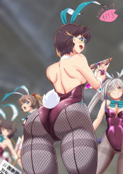 Rule 34 | 4girls, ahoge, animal ears, asashimo (kancolle), ass, bare shoulders, blunt bangs, breasts, brown eyes, brown hair, cameltoe, dated, detached collar, fake animal ears, from behind, from below, glasses, green eyes, grin, hair over one eye, kantai collection, kazagumo (kancolle), kishinami (kancolle), large breasts, leotard, long hair, looking at viewer, moke ro, multiple girls, okinami (kancolle), open mouth, pantyhose, playboy bunny, rabbit ears, rabbit tail, shiny clothes, shiny skin, short hair, sideboob, silver hair, smile, tail, twintails, very long hair, wavy hair