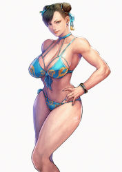 Rule 34 | 1girl, absurdres, alternate costume, bikini, blue bikini, blue nails, bracelet, breasts, brown eyes, brown hair, bun cover, capcom, chun-li, cirenk, cleavage, closed mouth, commentary, double bun, earrings, feet out of frame, front-tie bikini top, front-tie top, gradient background, hair bun, hair pulled back, hand on own hip, highres, jewelry, large breasts, lips, looking at viewer, multi-strapped bikini, nail polish, navel, signature, simple background, smile, solo, standing, street fighter, street fighter ii (series), swimsuit, two-tone bikini