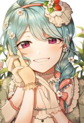 Rule 34 | 10s, 1girl, alternate hairstyle, bang dream!, bari dal, blue hair, braid, earrings, flower, flower earrings, food-themed hair ornament, frilled gloves, frills, gloves, grin, hair flower, hair ornament, hair over shoulder, hair ribbon, hand on another&#039;s cheek, hand on another&#039;s face, hand on another&#039;s hand, highres, jewelry, long hair, looking at viewer, matsubara kanon, purple eyes, red ribbon, ribbon, single braid, smile, solo, solo focus, strawberry hair ornament, striped ribbon, upper body, white flower, white gloves, yellow gloves