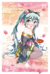 Rule 34 | 1girl, alcohol, bad id, bad pixiv id, blush, cherry blossoms, hatsune miku, highres, japanese clothes, kimono, long hair, pantyhose, petals, project diva (series), project diva 2nd, sake, solo, tottsuan, twintails, very long hair, vocaloid