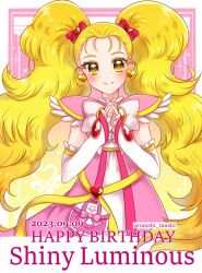 Rule 34 | 1girl, arm warmers, blonde hair, blush, bow, brooch, character name, dated, dress, earrings, futari wa precure, futari wa precure max heart, gradient background, hair ornament, happy birthday, heart, heart brooch, jewelry, kujou hikari, long hair, looking at viewer, magical girl, pink background, pink dress, pouch, precure, shiny luminous, smile, solo, tanshi tanshi, twintails, twitter username, upper body, yellow background, yellow eyes