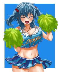 Rule 34 | 1girl, bare shoulders, blue background, blue hair, blue shirt, blue skirt, blush, breasts, cheerleader, closed eyes, collarbone, frilled shirt, frills, hair between eyes, hair bobbles, hair ornament, highres, huge breasts, jewelry, kawashiro nitori, key, megame (okbnkn), navel, necklace, open mouth, panties, pleated skirt, pom pom (cheerleading), round teeth, shirt, simple background, skirt, tank top, teeth, text focus, thighs, touhou, two side up, underwear, waving arms, white panties