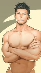 Rule 34 | 1boy, abs, bara, beard, black hair, completely nude, crossed arms, facial hair, green eyes, gyee, highres, hood, hoodie, itto (mentaiko), large pectorals, looking at viewer, male focus, manly, muscular, naked hoodie, navel, nipples, nude, out-of-frame censoring, pectorals, priapus (gyee), solo, tattoo, upper body