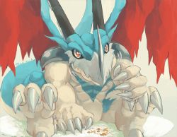 Rule 34 | aerov-dramon, claws, closed mouth, commentary request, digimon, digimon (creature), dragon, eating, grey background, horns, kira (kira dra), looking at viewer, motion lines, no humans, red eyes, simple background, sitting, solo, star (symbol), star in eye, symbol in eye, twitter username, wings