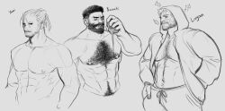 Rule 34 | 3boys, abs, afro, baanti (gryph), bara, barbell piercing, beard, beard stubble, chest hair, cropped torso, facial hair, greyscale, gryph (gryphonburger), hairy, highres, jacket, large pectorals, logan (gryph), male focus, mature male, monochrome, multiple boys, muscular, muscular male, mustache, navel, nipples, open clothes, open jacket, original, pectoral cleavage, pectorals, piercing, short hair, stomach, stubble, thick eyebrows, thick navel hair, thick thighs, thighs, undercut, v-taper, yami (gryph)