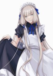 Rule 34 | 1boy, alternate costume, apron, black dress, blonde hair, blue eyes, blue ribbon, blunt bangs, collared dress, commentary, cowboy shot, crossdressing, dress, earrings, enmaided, fate/grand order, fate/grand order arcade, fate (series), frilled apron, frilled sleeves, frills, grin, hair ribbon, head tilt, highres, jewelry, long hair, looking at viewer, low-tied sidelocks, maid, maid apron, maid headdress, male focus, male maid, neck ribbon, noah (fate), puffy short sleeves, puffy sleeves, ribbon, short sleeves, simple background, skirt hold, smile, solo, symbol-only commentary, tassel, tassel earrings, trap, very long hair, white apron, white background, wing collar, zeyan chelsea