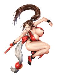 Rule 34 | 1girl, areola slip, bare shoulders, breasts, brown eyes, brown hair, collarbone, commentary request, fingernails, folded fan, folding fan, full body, hand fan, high ponytail, highres, holding, japanese clothes, kurone rinka, large breasts, lips, long hair, ninja, no bra, parted bangs, parted lips, ponytail, revealing clothes, rope, shiny clothes, shiny skin, shiranui mai, simple background, smile, the king of fighters, thighs, white background
