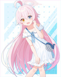 Rule 34 | 1girl, ahoge, alternate costume, bag, blue archive, blue eyes, blush, collarbone, dress, eko, fang, feet out of frame, hair between eyes, halo, heterochromia, highres, hoshino (blue archive), long hair, open mouth, pink hair, pink halo, short sleeves, shoulder bag, skin fang, smile, solo, white dress, yellow eyes