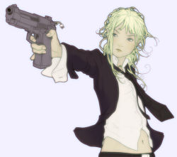 Rule 34 | 1girl, aiming, bad deviantart id, bad id, belt, beretta 92, blonde hair, blue eyes, cameo, foreshortening, formal, gun, handgun, hello kitty, hy136, charm (object), midriff, necktie, outstretched arm, pistol, sanrio, solo, suit, weapon