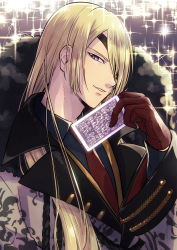 Rule 34 | 1boy, absurdres, aiguillette, blonde hair, blue eyes, blue shirt, camus (yumekuro), card, coat, collared shirt, eyepatch, fur-trimmed coat, fur trim, gloves, green eyes, hair over one eye, highres, holding, holding card, lapels, long hair, looking at viewer, male focus, necktie, notched lapels, parted lips, print coat, red gloves, red necktie, shirt, smile, solo, sparkle background, straight hair, upper body, white coat, wide sleeves, yoi (207342), yume shokuin to wasureji no kuroi yousei
