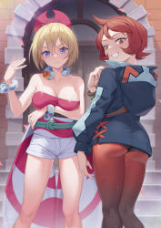 Rule 34 | 2girls, alternate breast size, arezu (pokemon), ass, blonde hair, blue eyes, blush, bracelet, breasts, brown hair, cameltoe, cleavage, closed mouth, collar, collarbone, commentary request, cowlick, creatures (company), day, eyelashes, game freak, grin, hair between eyes, hairband, hand up, hayate (leaf98k), highres, hood, hood down, hooded jacket, irida (pokemon), jacket, jewelry, kneepits, knees, looking back, multiple girls, neck ring, nintendo, outdoors, pantyhose, pantyhose under shorts, pokemon, pokemon legends: arceus, red hairband, red shirt, sash, shirt, short hair, short shorts, shorts, smile, standing, strapless, strapless shirt, teeth, thighs, waist cape, wedgie, white shorts