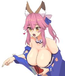Rule 34 | 1girl, animal ear fluff, animal ears, breasts, cleavage, commentary request, detached sleeves, fang, fate/extra, fate/grand order, fate (series), fox ears, fox girl, hair ribbon, heart, holding, large breasts, open mouth, orange eyes, photo-referenced, pink hair, pointing, ribbon, sidelocks, simple background, sketch, skin fang, solo, tamamo (fate), tamamo no mae (fate/extra), toba kuti, twintails, white background
