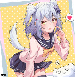 Rule 34 | 1boy, ?, absurdres, blue hair, blush, bow, bowtie, cardigan, collarbone, dog tail, fang, finger to cheek, hair between eyes, hair bow, hair ornament, heart, highres, inuyama tamaki, jtleeklm, long sleeves, looking at viewer, male focus, noripro, open mouth, orange eyes, sailor collar, school uniform, serafuku, skirt, smile, solo, spoken heart, spoken question mark, tail, thighhighs, trap, two side up, virtual youtuber