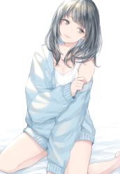 Rule 34 | 1girl, absurdres, arm support, bare legs, barefoot, bed, black hair, blunt bangs, breasts, collarbone, dress, grey eyes, hair over shoulder, head tilt, highres, indoors, light, light smile, lips, long sleeves, medium hair, off shoulder, original, saino misaki, simple background, sitting, small breasts, smile, solo, sweater, sweater dress, tank top, tareme, undressing, wariza, white background