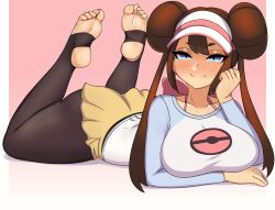 Rule 34 | 1girl, ass, black pantyhose, blue eyes, blush, border, breasts, closed mouth, collarbone, creatures (company), double bun, game freak, gradient background, hair bun, half-closed eyes, highres, large breasts, legs up, long hair, long sleeves, looking at viewer, lying, nintendo, on stomach, pantyhose, pink background, pokemon, pokemon bw2, rosa (pokemon), shnibbles, simple background, skirt, smile, soles, solo, stirrup legwear, tears, toeless legwear, toes, twintails, two-tone shirt, visor cap, white border, yellow skirt