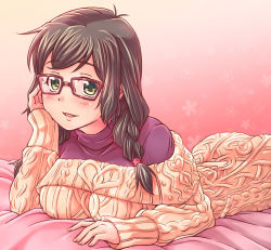 Rule 34 | 1girl, aran sweater, bad id, bad pixiv id, braid, breasts, brown eyes, brown hair, cable knit, e20, glasses, hair over shoulder, houzumi kaede, lying, off-shoulder, off-shoulder sweater, off shoulder, on stomach, open mouth, original, smile, solo, sweater, turtleneck, twin braids