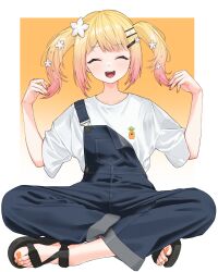 Rule 34 | 1girl, absurdres, ai (u e o o), alternate costume, black footwear, blonde hair, blue overalls, blunt bangs, blush, breasts, closed eyes, commentary request, eyelashes, feet, flower, full body, gradient hair, hair flower, hair ornament, hairclip, hands up, highres, hololive, indian style, long hair, looking at viewer, momosuzu nene, multicolored hair, nail polish, nekko (momosuzu nene), on ground, open mouth, orange nails, overalls, parted bangs, pink hair, sandals, shirt, sidelocks, sitting, small breasts, smile, solo, teeth, toenail polish, toenails, toes, twintails, upper teeth only, virtual youtuber, white background, white shirt