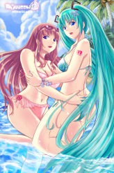 Rule 34 | 2girls, :d, aqua hair, artist name, ass, back, bare arms, bare back, bare legs, bare shoulders, beach, bikini, blue bikini, blue eyes, blue nails, bracelet, breasts, character name, cleavage, cloud, collarbone, couple, curvy, eyewear on head, female focus, hair ornament, hairpin, halterneck, happy, hatsune miku, highres, jewelry, large breasts, legs, lens flare, long hair, looking at viewer, looking back, megurine luka, midriff, multiple girls, nail polish, navel, neck, open mouth, outdoors, palm tree, partially submerged, pink bikini, pink hair, pink nails, purple eyes, round teeth, ryuuzaki (stardust dragon), see-through, side-tie bikini bottom, sideboob, sky, smile, standing, standing on one leg, string bikini, sunglasses, swimsuit, tattoo, teeth, tree, twintails, very long hair, vocaloid, water, wet, wet hair, yuri