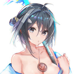 Rule 34 | 1girl, ahoge, arknights, bare shoulders, black hair, breasts, chinese commentary, cleavage, collarbone, commentary request, fan (ariku), grey eyes, hair between eyes, highres, la pluma (arknights), la pluma (summer flowers) (arknights), large breasts, looking at viewer, off shoulder, official alternate costume, short hair, solo, upper body, white background