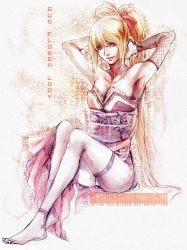 Rule 34 | 1girl, armpits, arms behind head, arms up, barefoot, blonde hair, bow, feet, fishnets, hair bow, highres, japanese clothes, long hair, panties, red eyes, sakimichan, sitting, solo, tattoo, thighhighs, underwear, yellow eyes
