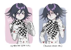 Rule 34 | 1boy, 3:, absurdres, black hair, buttons, checkered clothes, checkered scarf, cropped torso, danganronpa (series), danganronpa v3: killing harmony, double-breasted, hair between eyes, hands up, highres, jacket, long sleeves, looking to the side, male focus, medium hair, multicolored hair, multiple views, oma kokichi, paw pose, pink background, pink hair, purple background, purple eyes, sad, scarf, teeth, translation request, ttegi (ddeck dg), two-tone hair, white background, white jacket