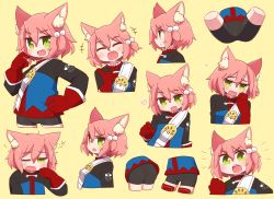 Rule 34 | +++, 1girl, 7th dragon, 7th dragon (series), :d, :o, ^ ^, animal ear fluff, animal ears, ass, beige background, belt, belt buckle, bike shorts, black shorts, blue jacket, blush, buckle, cat ears, clenched hand, closed eyes, closed mouth, commentary request, cropped legs, cropped torso, fang, fighter (7th dragon), gloves, green eyes, green thighhighs, hair between eyes, hair bobbles, hair ornament, hand on own hip, hand up, harukara (7th dragon), heart, highres, index finger raised, jacket, long sleeves, looking at viewer, multiple views, naga u, notice lines, one eye closed, one side up, open mouth, pink hair, profile, red gloves, short shorts, shorts, simple background, sleepy, smile, thighhighs, v-shaped eyebrows, white belt, yawning