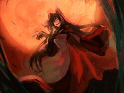 Rule 34 | 1girl, animal ears, azuki (azuki-taste), bamboo, black hair, commentary, dress, full moon, highres, imaizumi kagerou, long hair, looking at viewer, moon, one-hour drawing challenge, open mouth, outdoors, red dress, red eyes, red moon, solo, touhou, two-tone dress, white dress, wolf ears, wolf girl