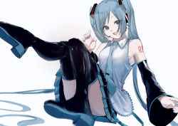 Rule 34 | 1girl, :d, absurdres, black skirt, black sleeves, blue eyes, blue hair, blue necktie, blurry, blurry foreground, boots, collared shirt, commentary, detached sleeves, hatsune miku, headphones, headset, highres, long hair, long sleeves, looking at viewer, microphone, miniskirt, necktie, open mouth, pleated skirt, potetoneko, shirt, simple background, sitting, sketch, skirt, sleeveless, sleeveless shirt, smile, solo, thigh boots, thighhighs, twintails, very long hair, vocaloid, white background, white shirt, wing collar, zettai ryouiki