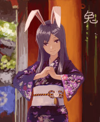 Rule 34 | 1girl, animal ears, female focus, grey hair, hair ornament, hairclip, japanese clothes, kimono, light smile, long hair, obi, own hands together, palm-fist greeting, purple hair, rabbit ears, red eyes, reisen udongein inaba, sash, solo, touhou, upper body, wuliao555