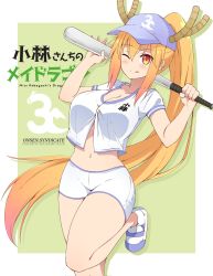 Rule 34 | 1girl, ;q, alternate costume, artist name, baseball bat, baseball cap, blonde hair, blush, border, breasts, cleavage, colored tips, commentary, copyright name, dragon girl, dragon horns, english commentary, gradient hair, gs (onsen syndicate), hair through headwear, hands up, hat, highres, holding, holding baseball bat, horns, horns through headwear, kobayashi-san chi no maidragon, large breasts, long hair, looking at viewer, midriff, multicolored hair, navel, one eye closed, orange eyes, pants, pink hair, ponytail, shadow, shoes, short sleeves, shorts, slit pupils, sneakers, solo, standing, standing on one leg, stomach, thighs, tight clothes, tight pants, tohru (maidragon), tongue, tongue out, very long hair, white border, white shorts