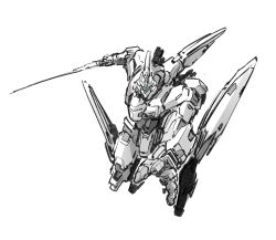 Rule 34 | charging forward, greyscale, highres, holding, holding sword, holding weapon, ishiyumi, looking at viewer, mecha, monochrome, no humans, open hand, original, robot, solo, sword, visor, weapon, white background