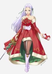 Rule 34 | 1girl, absurdres, artist name, bare shoulders, boots, box, cape, edelgard von hresvelg, fire emblem, fire emblem: three houses, gift, gift box, highres, leggings, long hair, looking at viewer, open mouth, rapier, red cape, smile, solo, sword, thighs, weapon, white hair, winter clothes