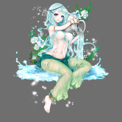 Rule 34 | 1girl, apt, aqua hair, bare shoulders, barefoot, blue hair, breasts, circlet, covered erect nipples, flower, full body, grey background, gyakushuu no fantasica, leaf, long hair, midriff, navel, official art, open mouth, simple background, sitting, solo, water