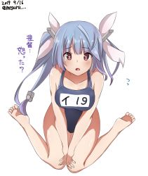 Rule 34 | 1girl, barefoot, blue hair, blue one-piece swimsuit, breasts, dated, flower-shaped pupils, full body, hair ribbon, highres, i-19 (kancolle), kantai collection, large breasts, long hair, looking at viewer, meguru (megurunn), name tag, one-hour drawing challenge, one-piece swimsuit, red eyes, ribbon, school swimsuit, simple background, sitting, solo, star-shaped pupils, star (symbol), swimsuit, symbol-shaped pupils, tri tails, twintails, twitter username, wariza, white background