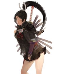 Rule 34 | 1girl, bad id, bad twitter id, black hair, black jacket, brown eyes, holding, jacket, katana, long hair, multiple swords, one eye closed, original, pink lips, ponytail, scabbard, sheath, simple background, skirt, solo, standing, sword, take no ko (dodon), torn clothes, upper body, vambraces, weapon, weapon on back, white background
