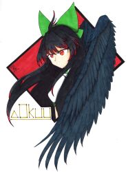 Rule 34 | 1girl, absurdres, antenna hair, black hair, black wings, bow, character name, closed mouth, colored tips, commentary, dated, green hair, hair bow, highres, long hair, looking at viewer, multicolored hair, radiation symbol-shaped pupils, red eyes, red hair, reiuji utsuho, signature, solo, streaked hair, symbol-shaped pupils, thatkirisame, touhou, upper body, wings
