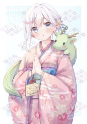 Rule 34 | 1girl, :o, blue background, blush, border, commentary request, cowboy shot, egasumi, ema, floral background, floral print, floral print kimono, flower, gomano rio, green eyes, hair flower, hair ornament, highres, japanese clothes, kimono, looking at viewer, multicolored hair, obi, original, own hands together, pink flower, pink hair, pink kimono, sash, short hair, simple background, streaked hair, stuffed animal, stuffed dragon, stuffed toy, white hair