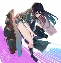 Rule 34 | 1girl, adapted turret, black gloves, black hair, bow, bowtie, breasts, brown eyes, cannon, chikuma (kancolle), chikuma kai ni (kancolle), dated, elbow gloves, gegeron, gloves, highres, kantai collection, long hair, long skirt, machinery, no panties, pelvic curtain, puffy short sleeves, puffy sleeves, red bow, red bowtie, rigging, short sleeves, side slit, single elbow glove, single glove, single thighhigh, skirt, small breasts, smile, solo, thighhighs, torpedo launcher, torpedo tubes, turret, twitter username, white background