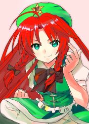 Rule 34 | 1girl, bad id, bad pixiv id, bow, braid, chirosuke, clenched hand, female focus, fighting stance, green eyes, hair bow, hat, hong meiling, leg up, long hair, red hair, smile, solo, touhou, twin braids