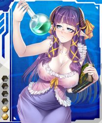 Rule 34 | 1girl, armpits, blue background, blue dress, blue eyes, blush, book, bow, breasts, card (blue-r), card (medium), card (r), cleavage, closed mouth, collarbone, covered erect nipples, cowboy shot, demon girl, demon horns, dress, female focus, flask, frilled dress, frills, frown, glasses, gradient background, grid, grid background, hair ribbon, hand up, hexagon, hip focus, holding, holding book, horn bow, horn ornament, horn ribbon, horns, large breasts, leaning forward, lilith-soft, long hair, long pointy ears, looking to the side, looking up, no bra, nose pads, official art, pale skin, pentagram, pince-nez, pink dress, pointy ears, potion, purple hair, raised eyebrows, raquel zosimos, ribbon, rimless eyewear, round eyewear, see-through, sidelocks, sleeveless, sleeveless dress, solo, standing, straight hair, taimanin (series), taimanin asagi battle arena all card gallery, taimanin asagi kessen arena, taut clothes, transparent, tress ribbon, very long hair, wide hips, yellow bow, yellow ribbon, zol